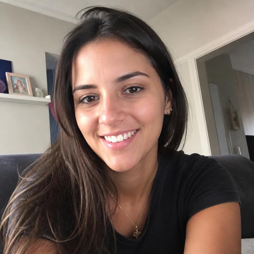 Juliana, cliente do grupo, sorrindo em casa