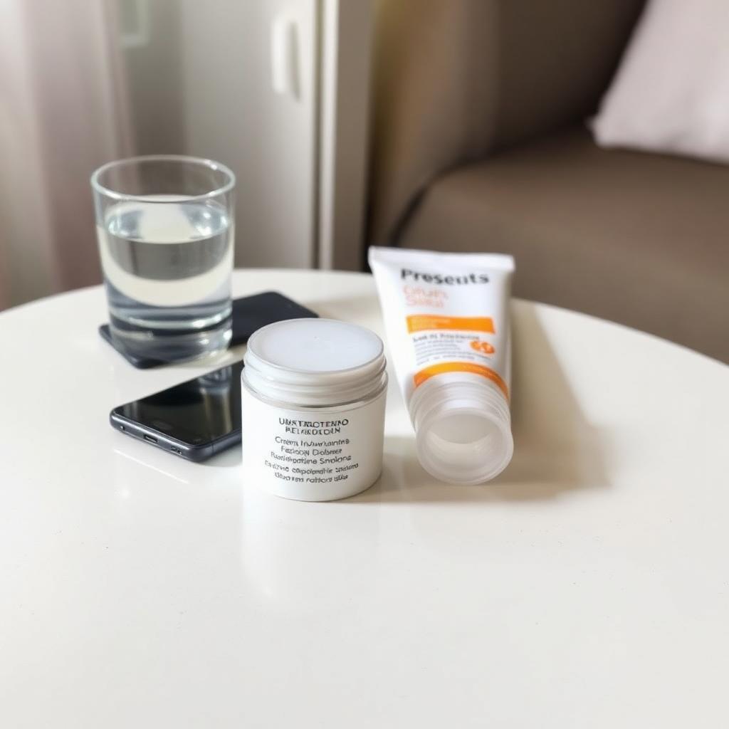 Creme facial hidratante e protetor solar sobre mesa de cabeceira