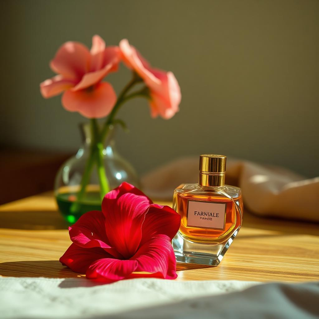 Frasco de perfume feminino sobre cômoda de madeira